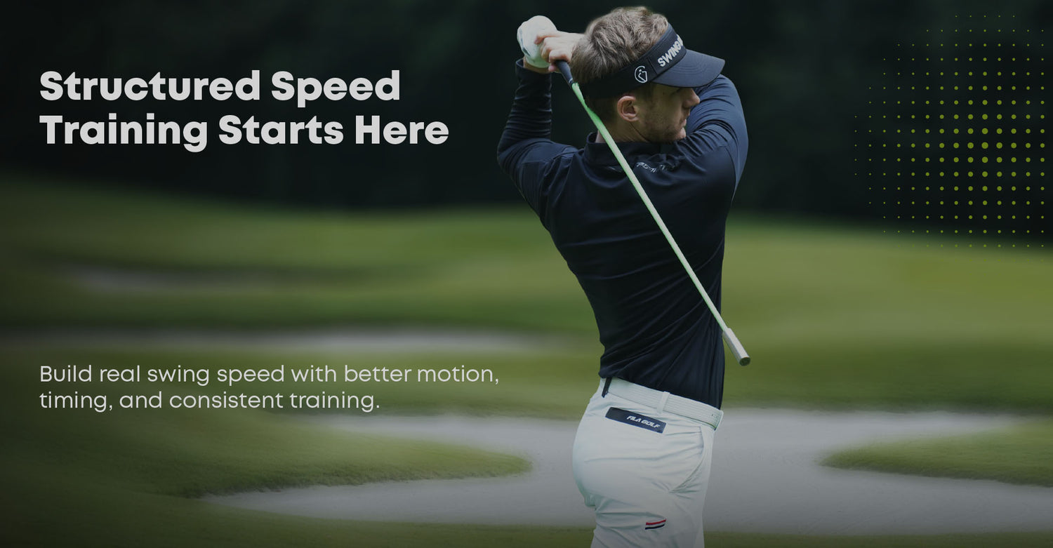Coach Adam in action on a golf course with text about structured speed training.