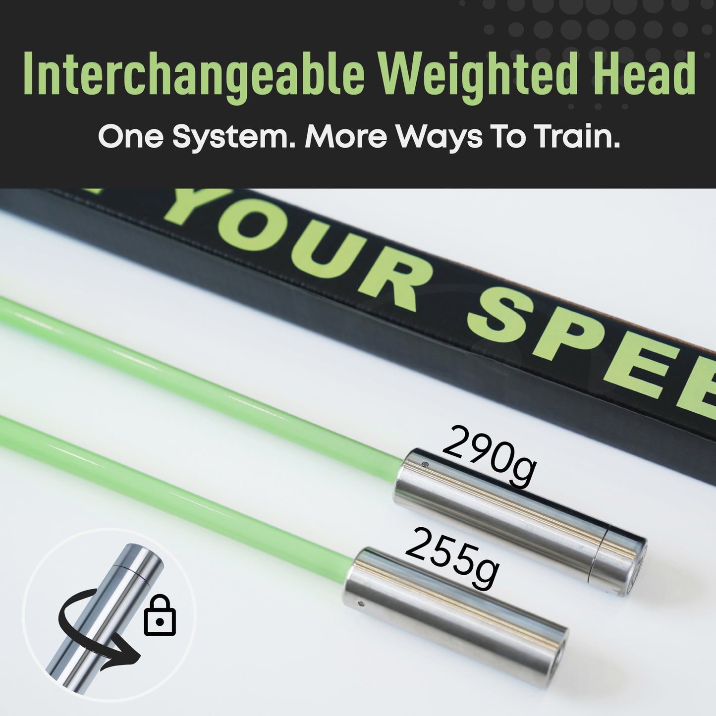 Golf swing speed trainer with interchangeable weighted head system showing two weight options for varied speed training drills.