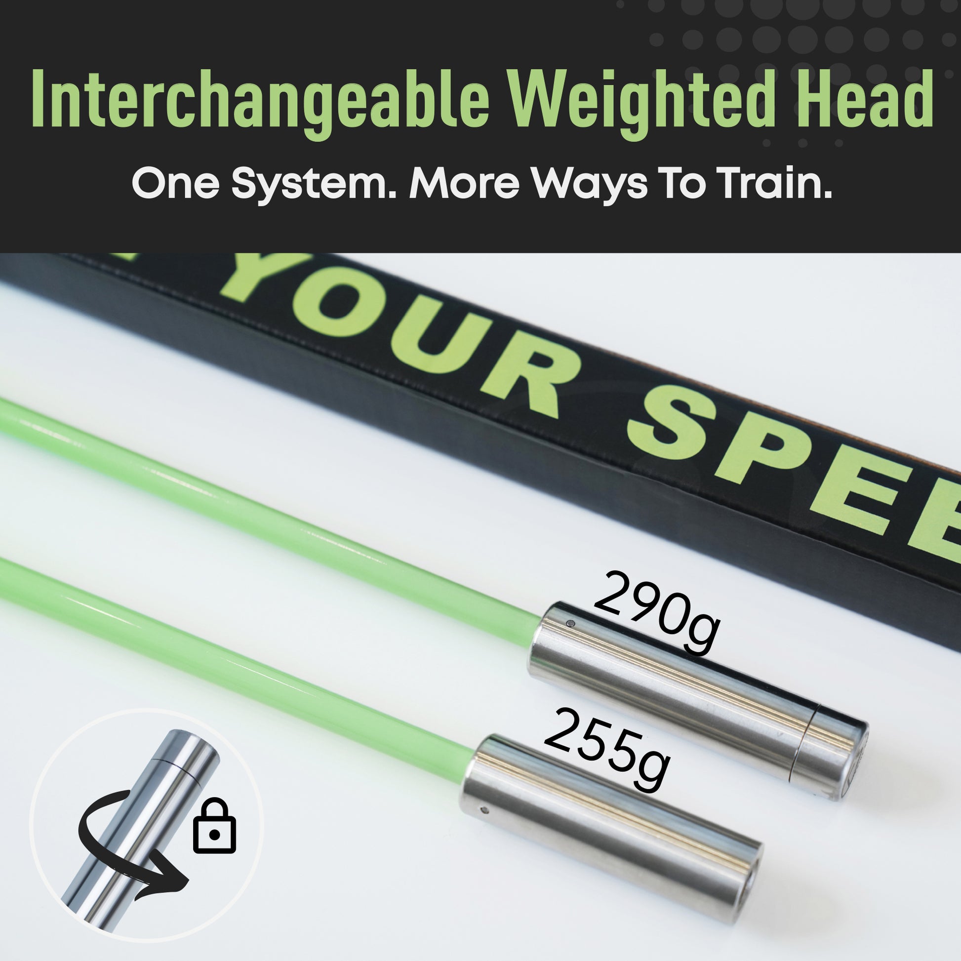 Golf swing speed trainer with interchangeable weighted head system showing two weight options for varied speed training drills.