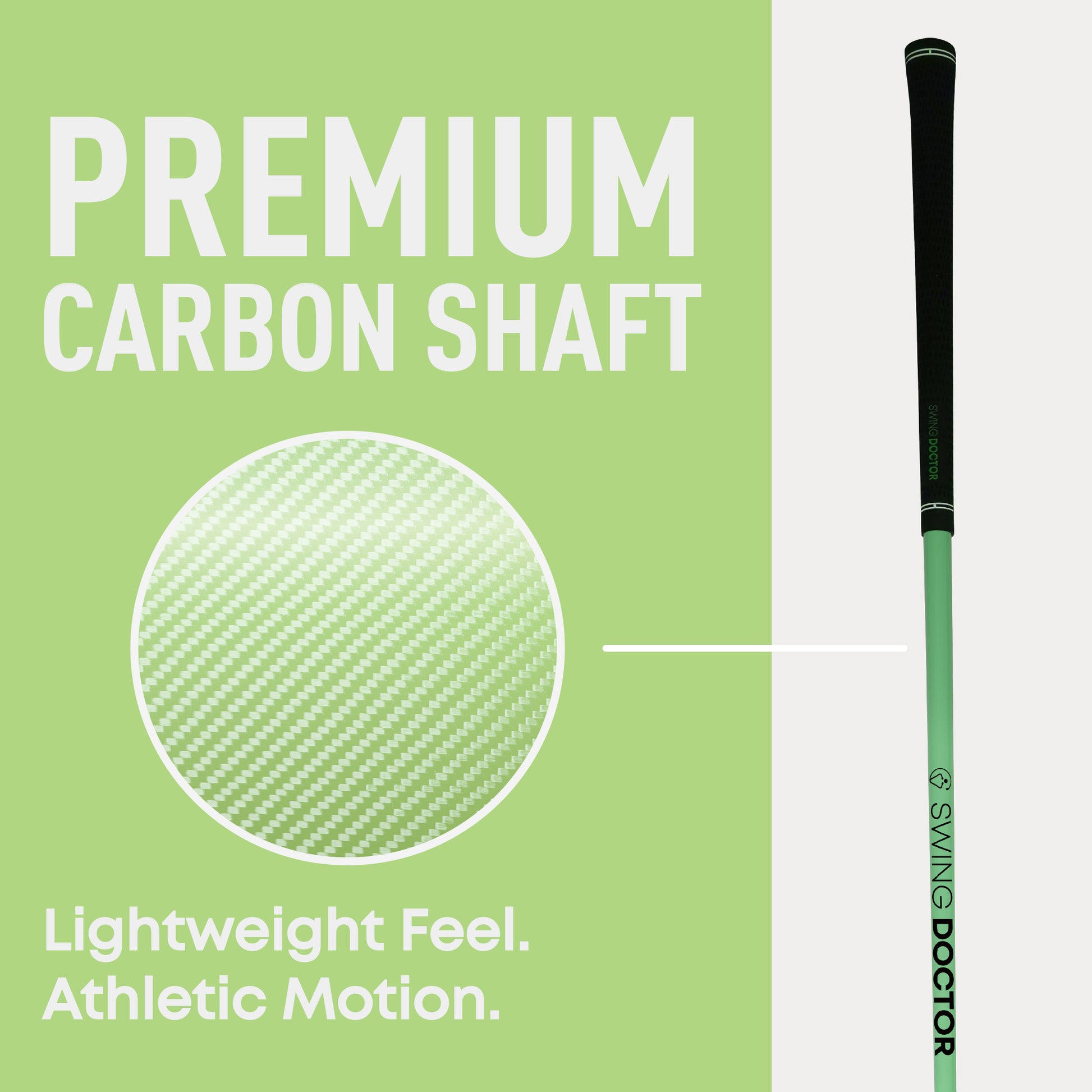 Golf swing speed trainer with premium carbon shaft designed for lightweight feel athletic motion and repeatable training.