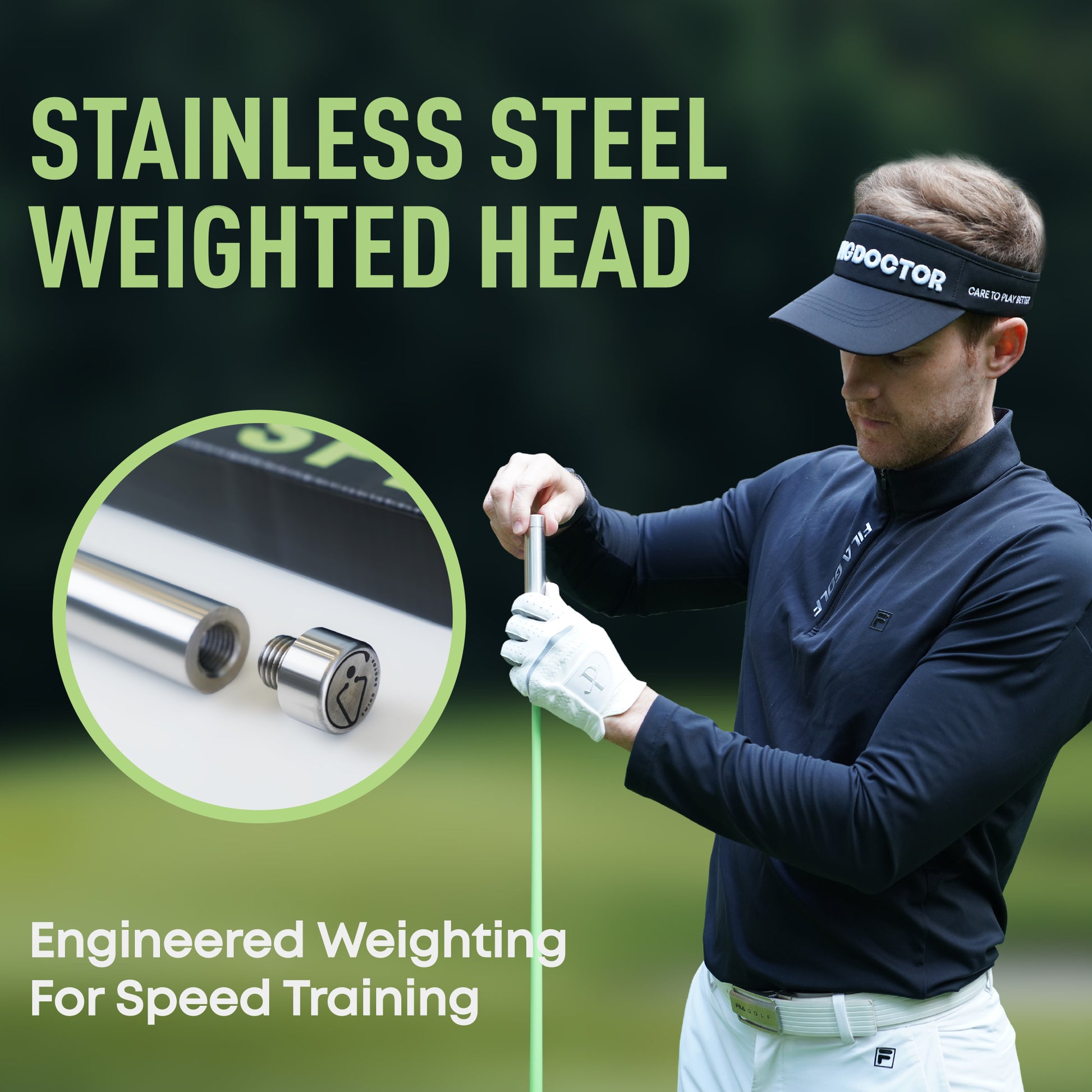 Golf swing speed trainer featuring a stainless steel weighted head engineered for speed training and athletic swing practice.