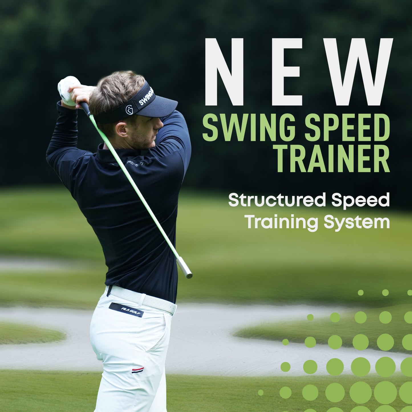 Coach Adam using a swing speed trainer on course with structured speed training system messaging for golf practice.
