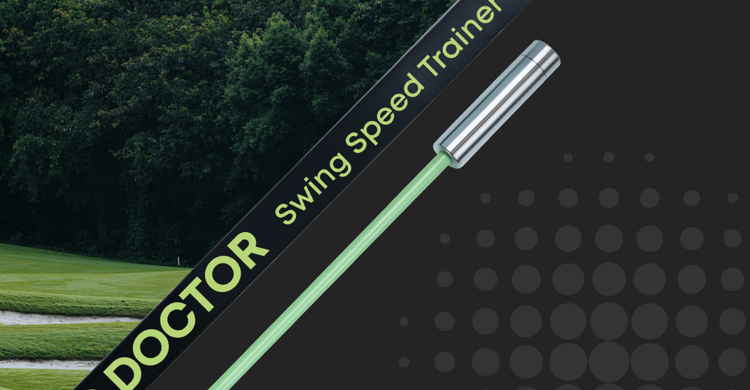 Golf swing speed trainer with 'Swing Doctor' branding against a dark background.